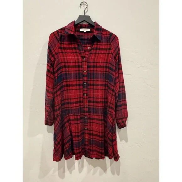 Loft Plaid Mini Shirt Dress Long Sleeve Size Small NWOT Red - Picture 4 of 14